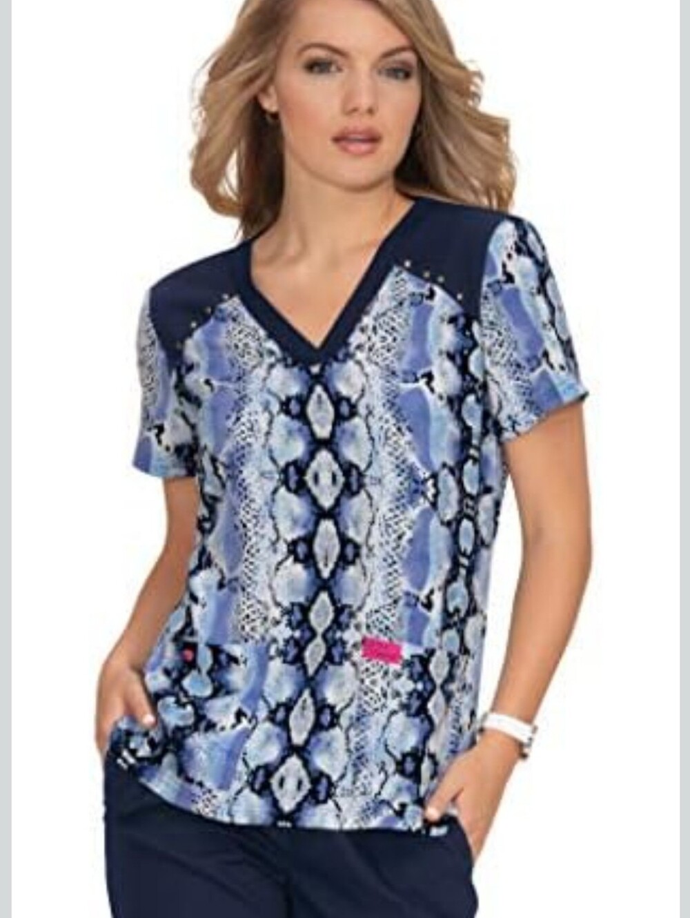 NWT Koi Betsey Johnson Orchid Hippie Snake Scrub Top S V-Neck Studded Stretch